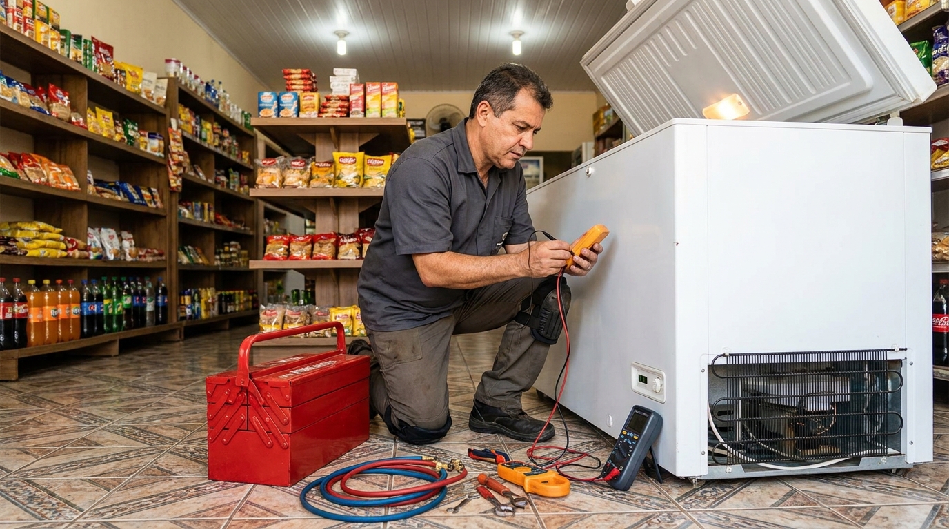 Recarga de gás refrigerante no freezer durante atendimento na Zona Leste de São Paulo‑SP